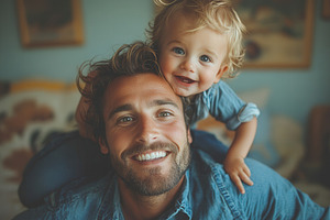 Smiling man enjoys playful moment wi, a Photo by Tanuart