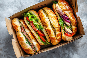 Different croissant sandwiches with meat, cheese and vegetables on grey backgro, a Food & Drink Photo by AlyaAnd