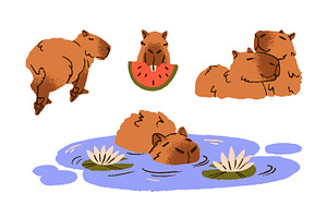 Cute, Funny Capybaras Animals Set