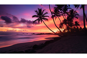 pink beach and palm trees ai, a Nature Photo by pikepicture