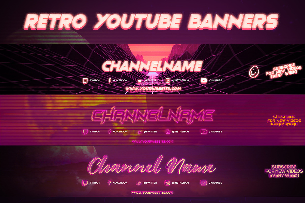 3 Retro Youtube Channel Art Banners, a Social Media Template by RussGFX (Photo 1 of 6)