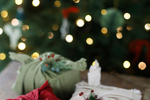 Zero waste christmas gifts. Stylish christmas presents wrapped i, a Holiday Photo by Sonjachni