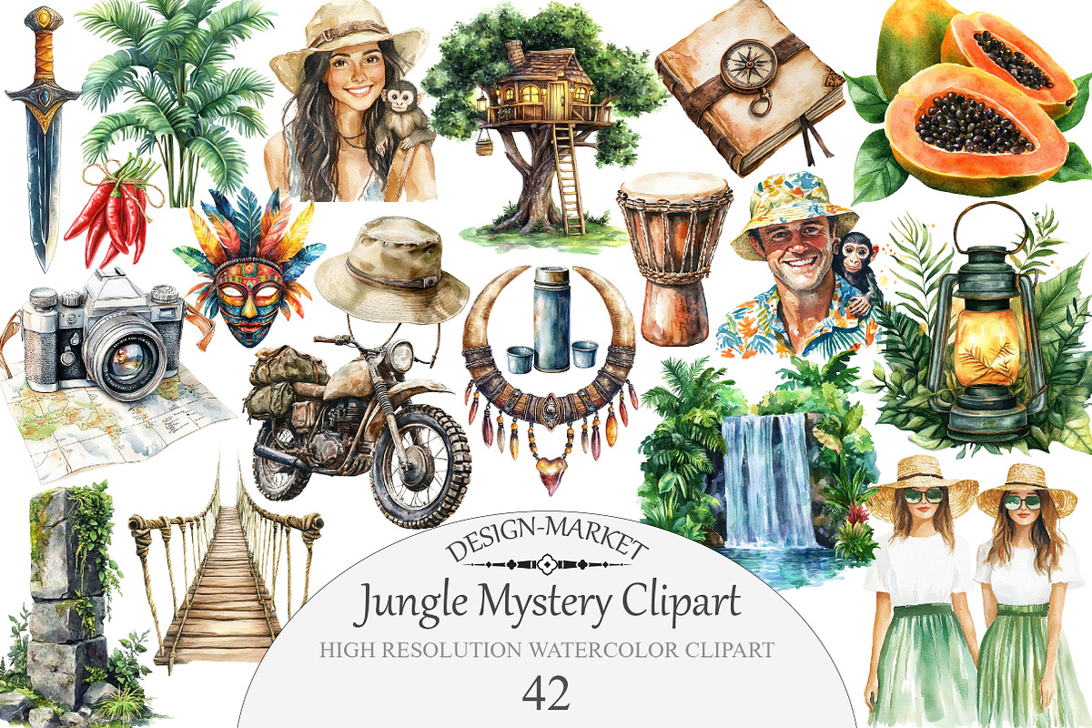 Watercolor Jungle Mystery Clipart, an Illustration by Design Market (Photo 1 of 5)