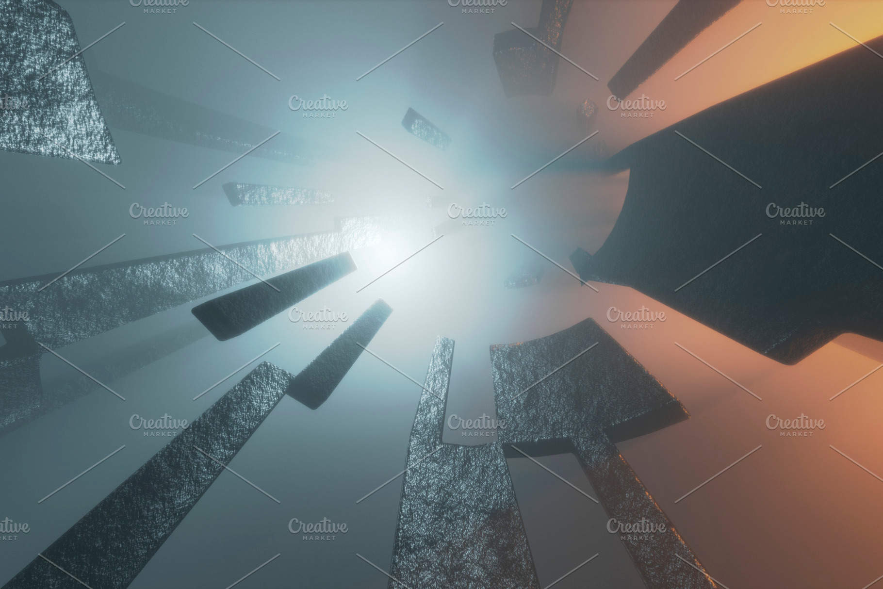 Abstract 3D tunnel with floating shapes and dual light tones, a Background Photo by RF Images