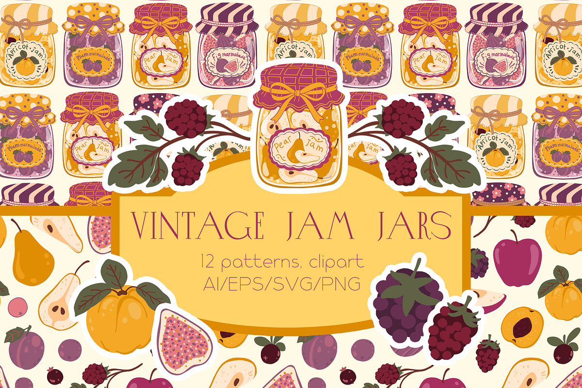 Vintage Jam Jars patterns & clipart, a Food Illustration by Carpet Tapete Pretzel (Photo 1 of 13)