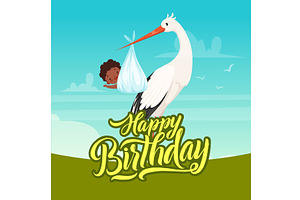 Birthday poster. stork holding, an Animal Illustration by Onyx
