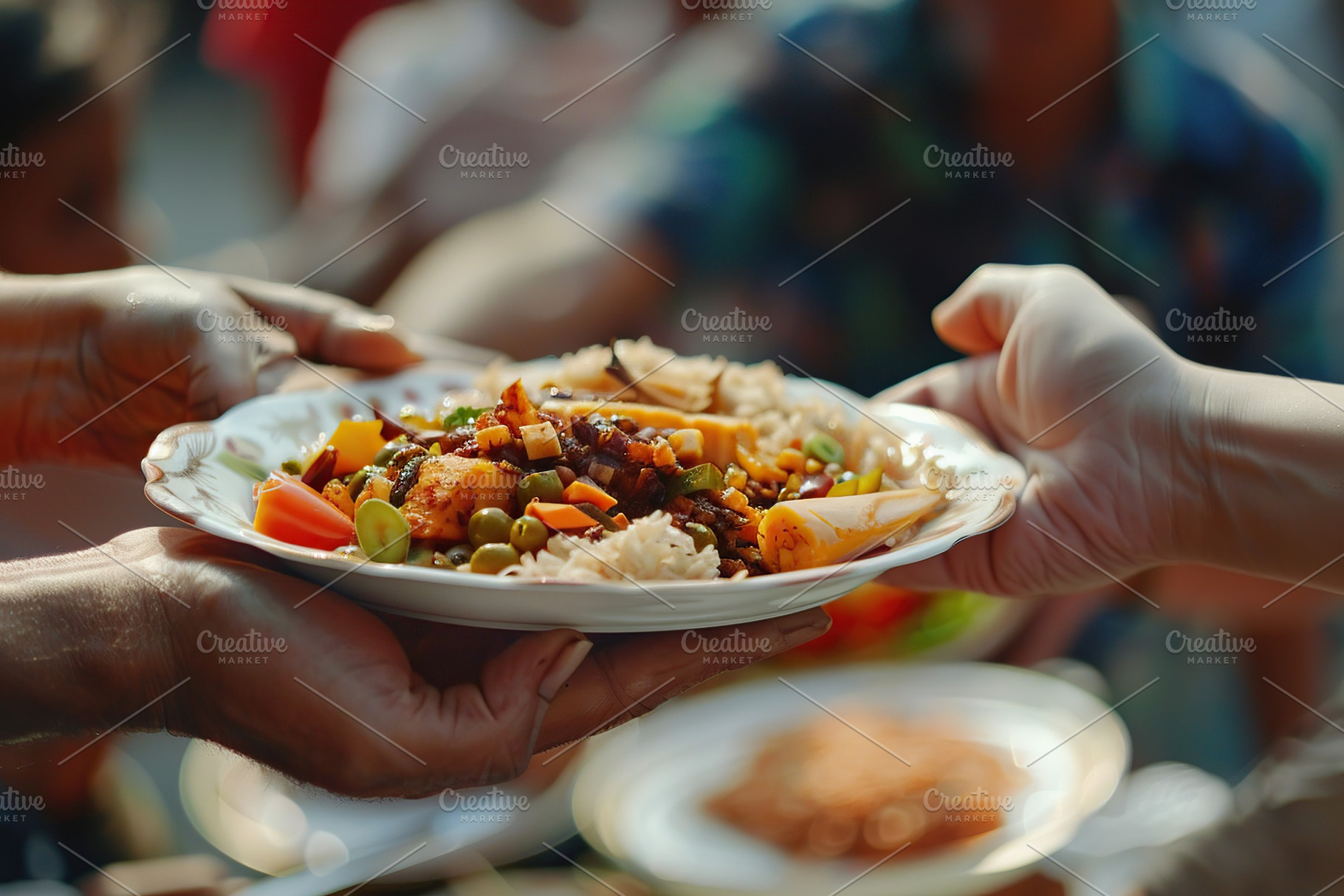 Volunteers giving the plate of food to homeless people, a Food & Drink Photo by AlyaAnd
