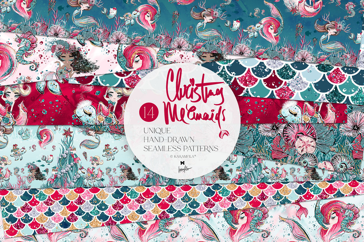 Christmas Mermaids Seamless Patterns, a Pattern Graphic by KaramfilaS (Photo 1 of 19)