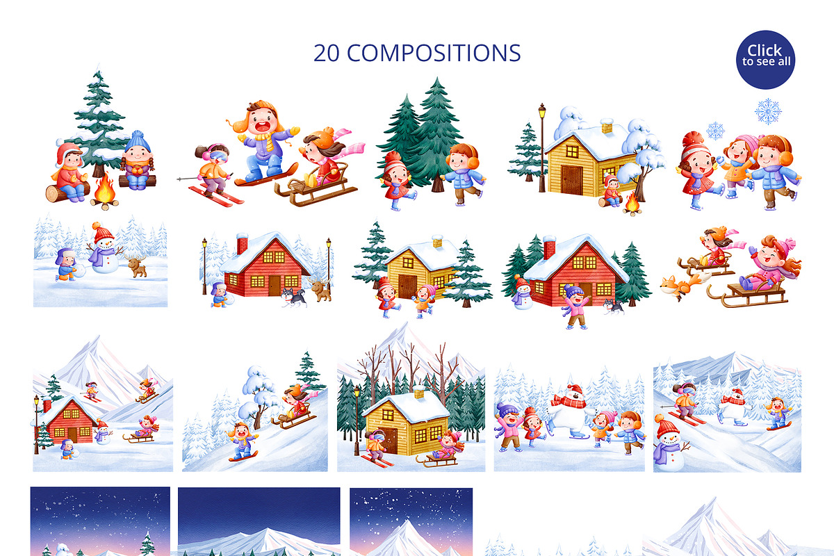 Snowy Friends Time Winter Watercolor, a Seasonal Illustration by CreativeValuation (Photo 5 of 14)