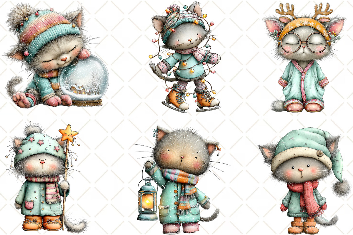 Whimsical Christmas Cats Clipart, an Animal Illustration by Black Bird Studio (Photo 3 of 6)