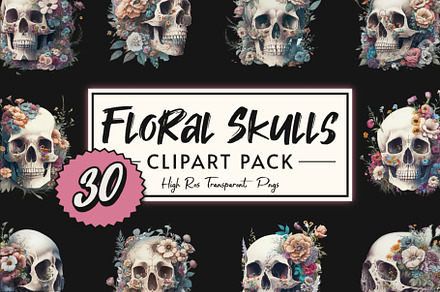 Floral Skull Clip Art Pack - 30 Skul