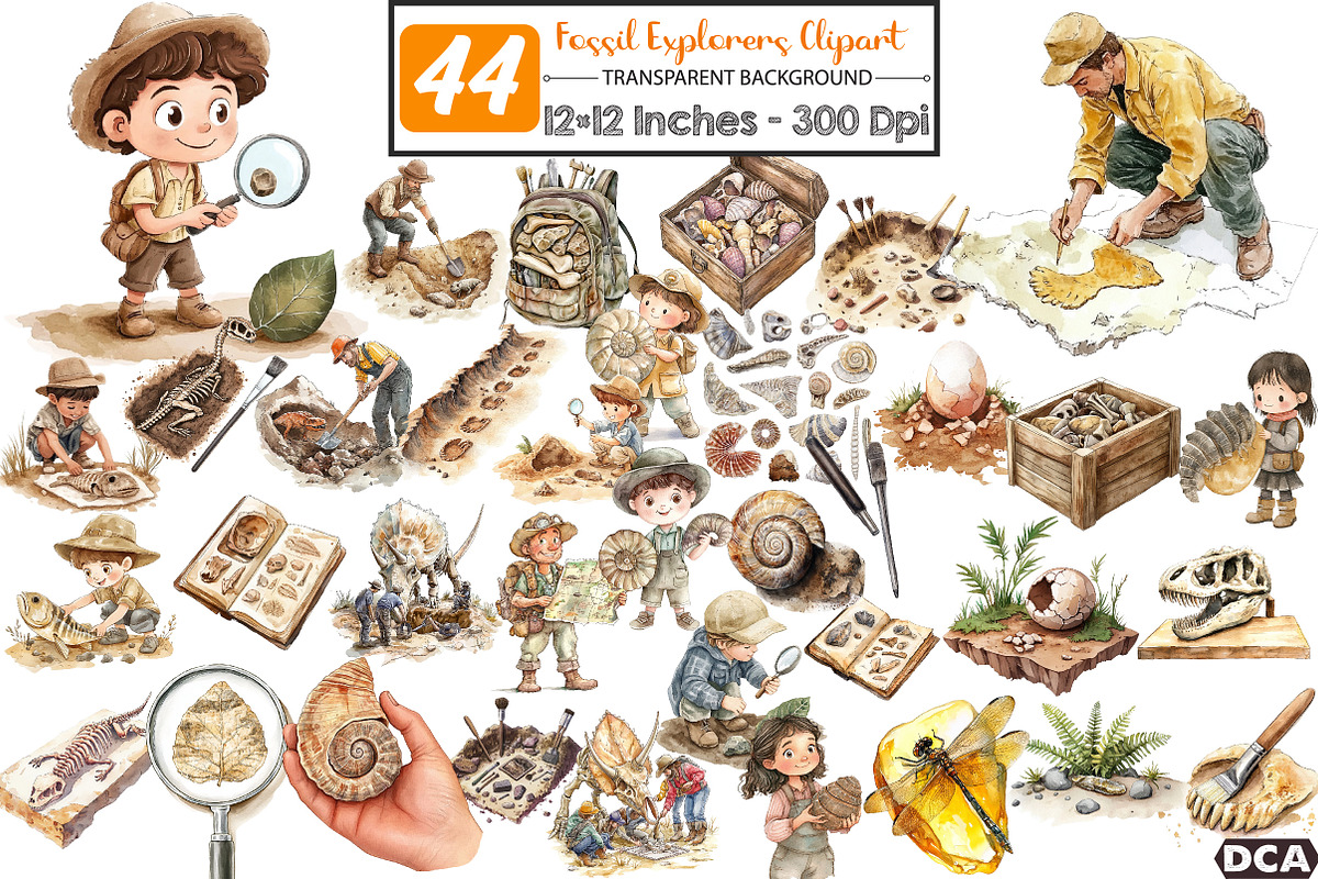 Fossil Explorers Watercolor Clipart, an Illustration by DreamCafeArt (Photo 1 of 6)