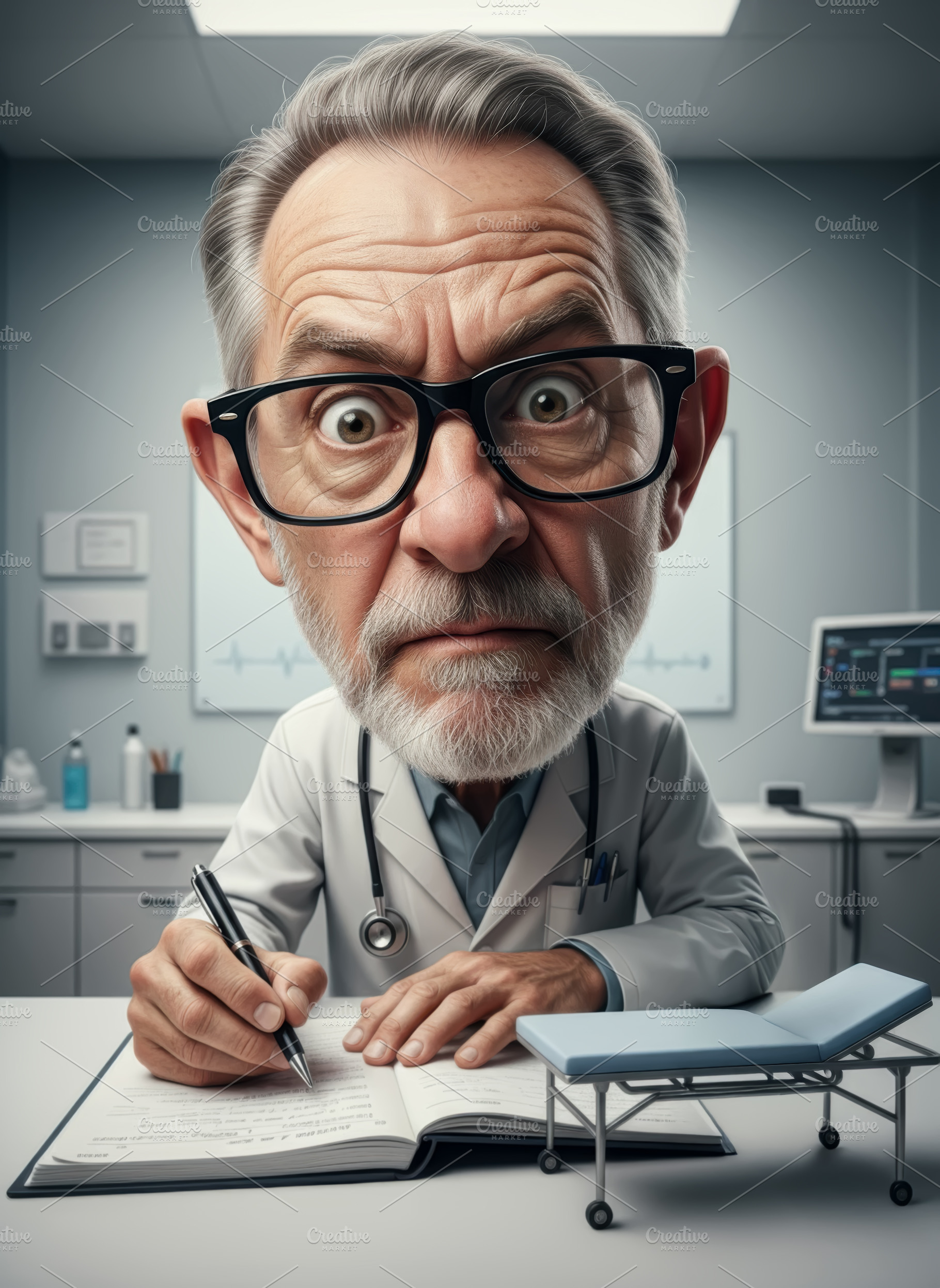 Caricature of an elderly doctor with, a Health & Medical Photo by angellodeco