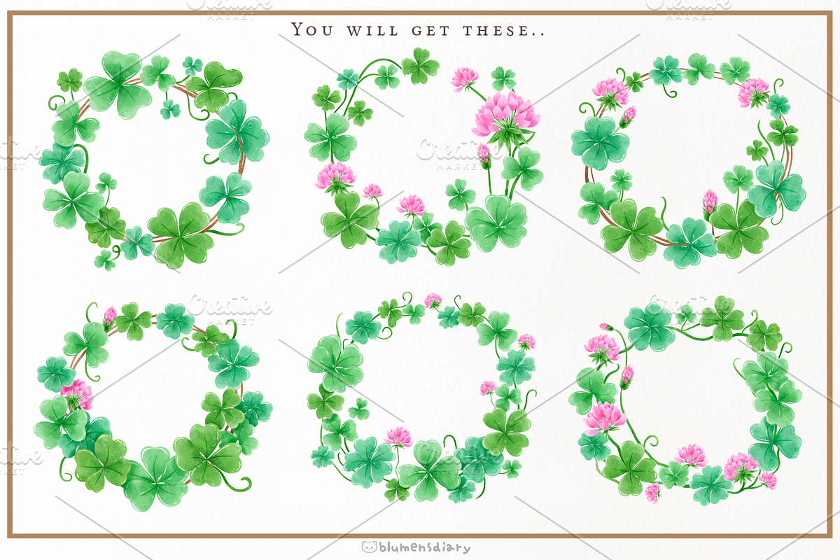Watercolor Lucky Clover Clipart, a Decorative Illustration by Blumensdiary (Photo 5 of 7)