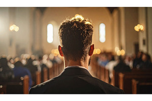 Man from behind in a church aisle, an Architecture Photo by Igor Tichonow