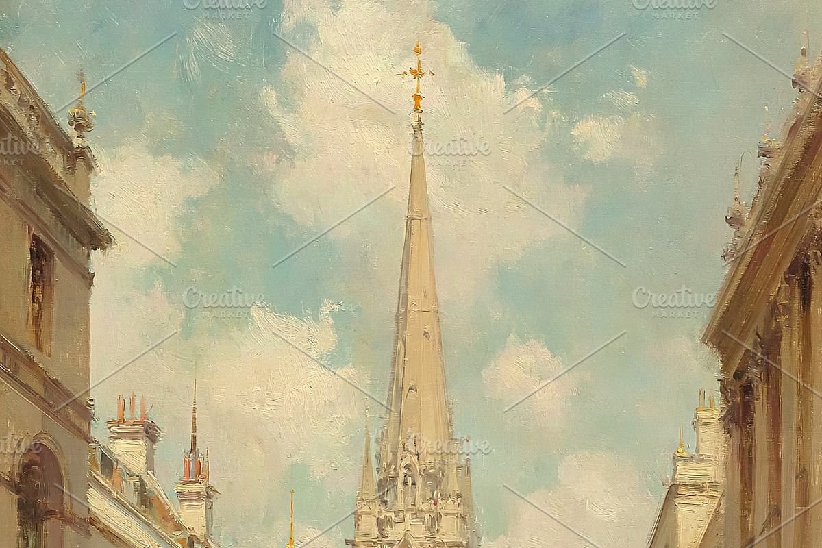 London city street on a cloudy day, showing historic spire, Vict, an Illustration by Studio ANNA