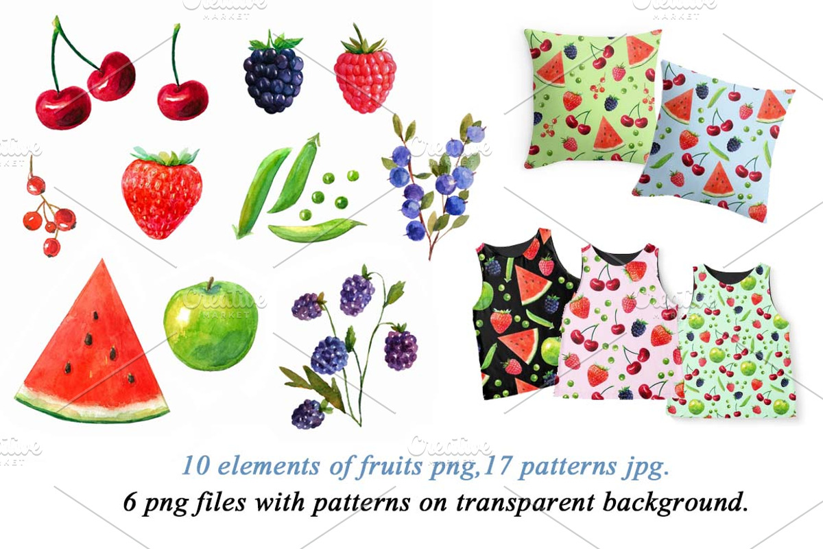 Watercolor patterns with fruits., a Food Illustration by yulia.sukhanova (Photo 2 of 2)