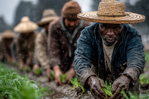 Farmers planting seedlings under a rainy sky emphasizing teamwork and resilienc, a Photo by AS photostudio