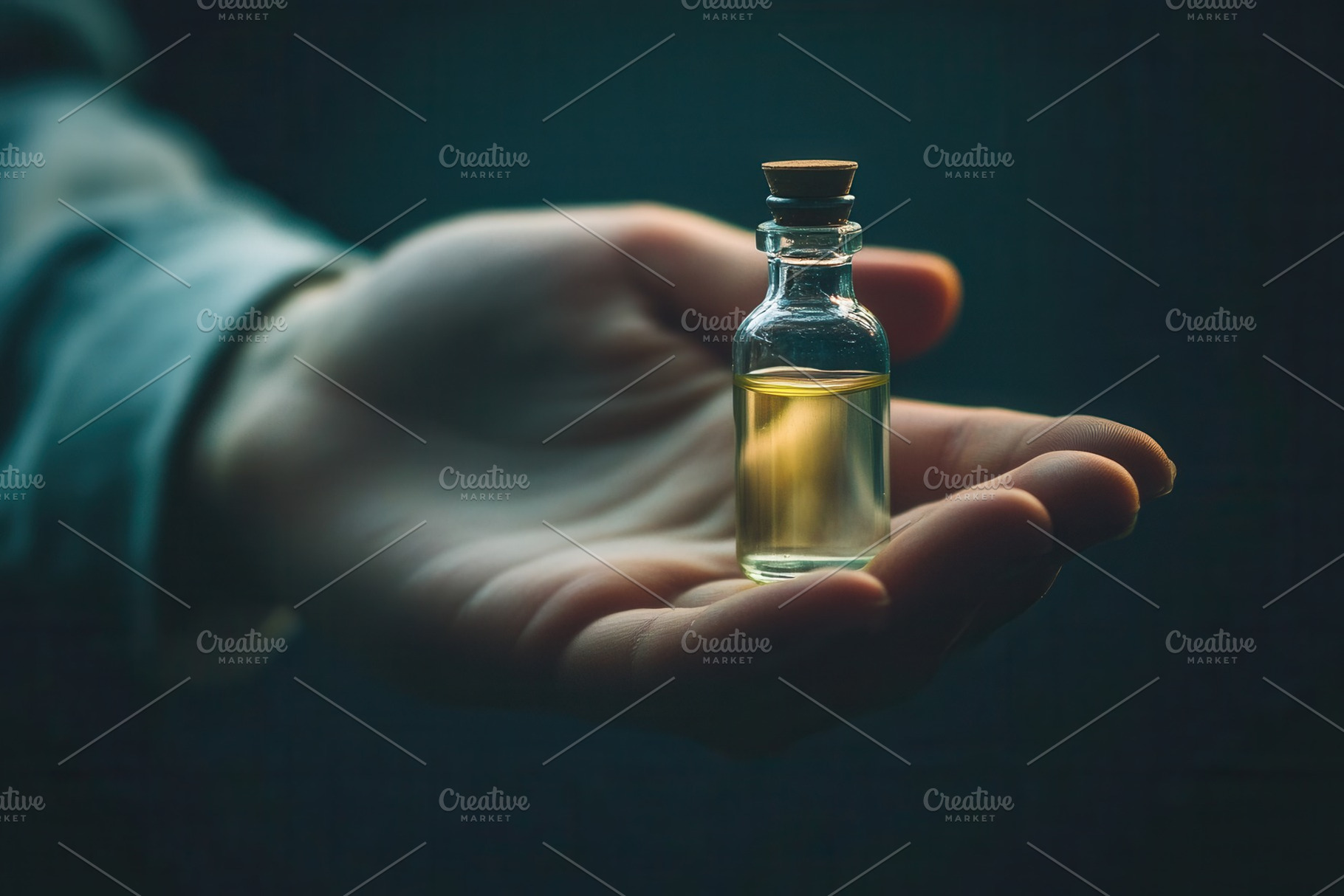 A hand holding a tiny vial of liquid, a Photo by Pavel_design