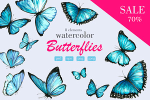 Set of watercolor blue butterflies