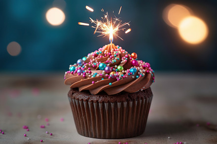 Birthday cupcake with candle on wooden table, a Food & Drink Photo by AlyaAnd