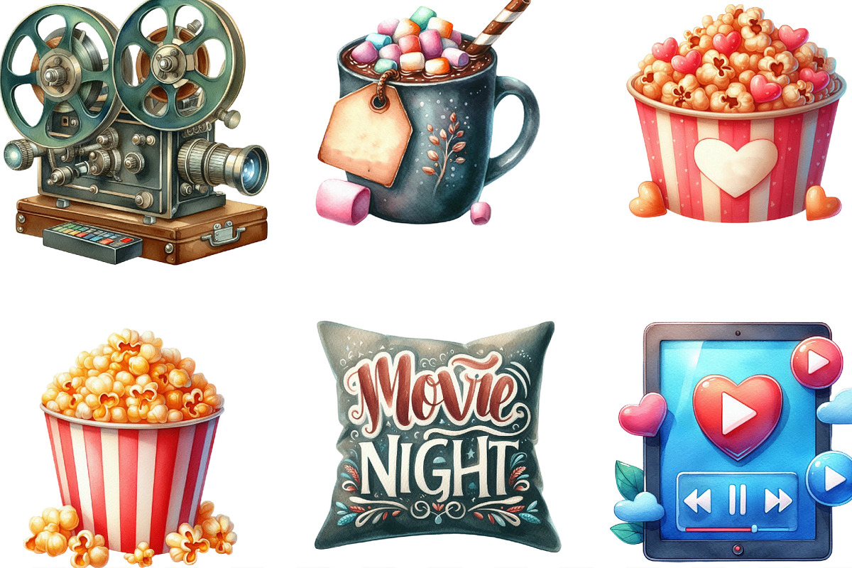 Watercolor Movie Night Clipart, an Illustration by Designking (Photo 2 of 4)