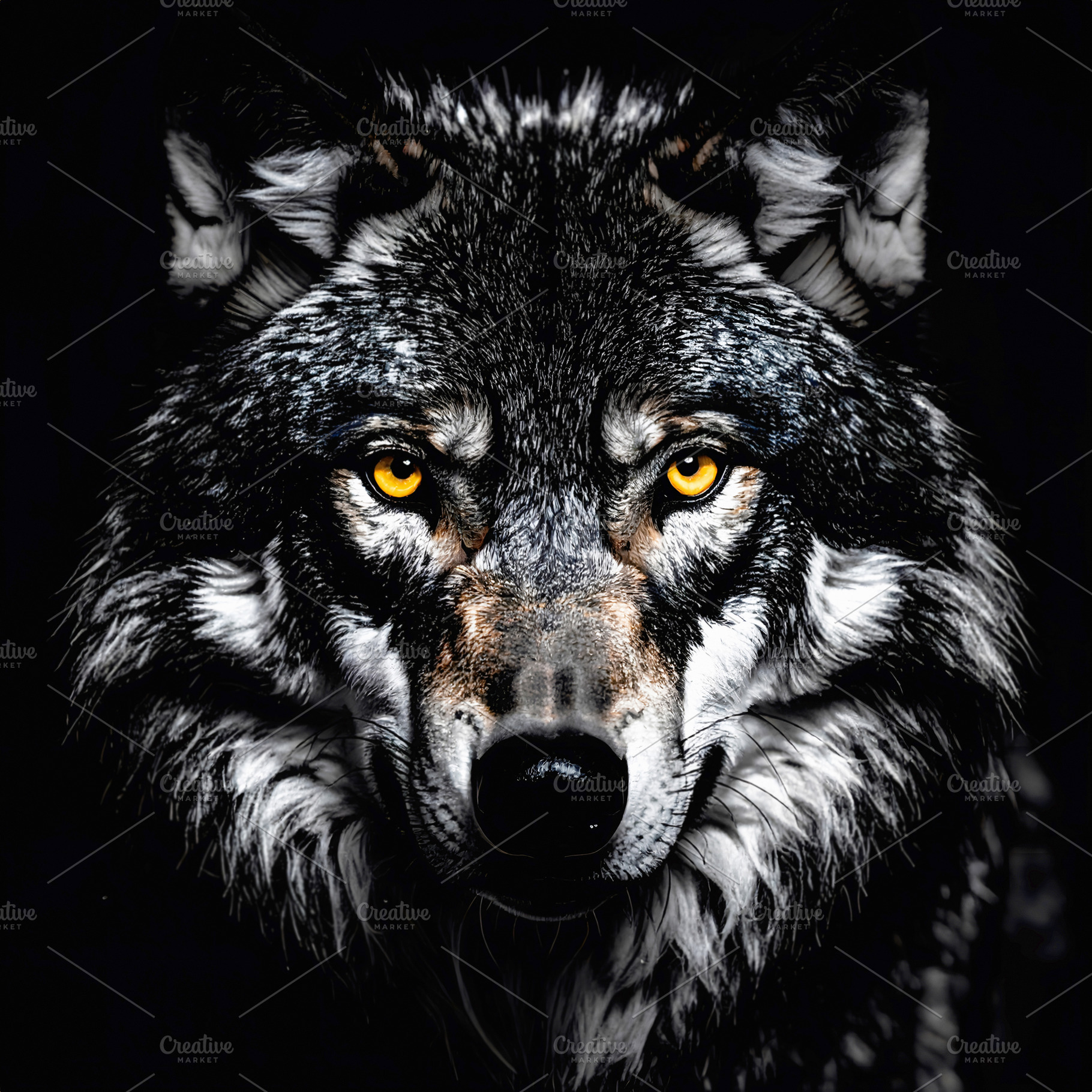 Intense wolf portrait with piercing golden eyes against darkness, an Animal Photo by GoodGoods
