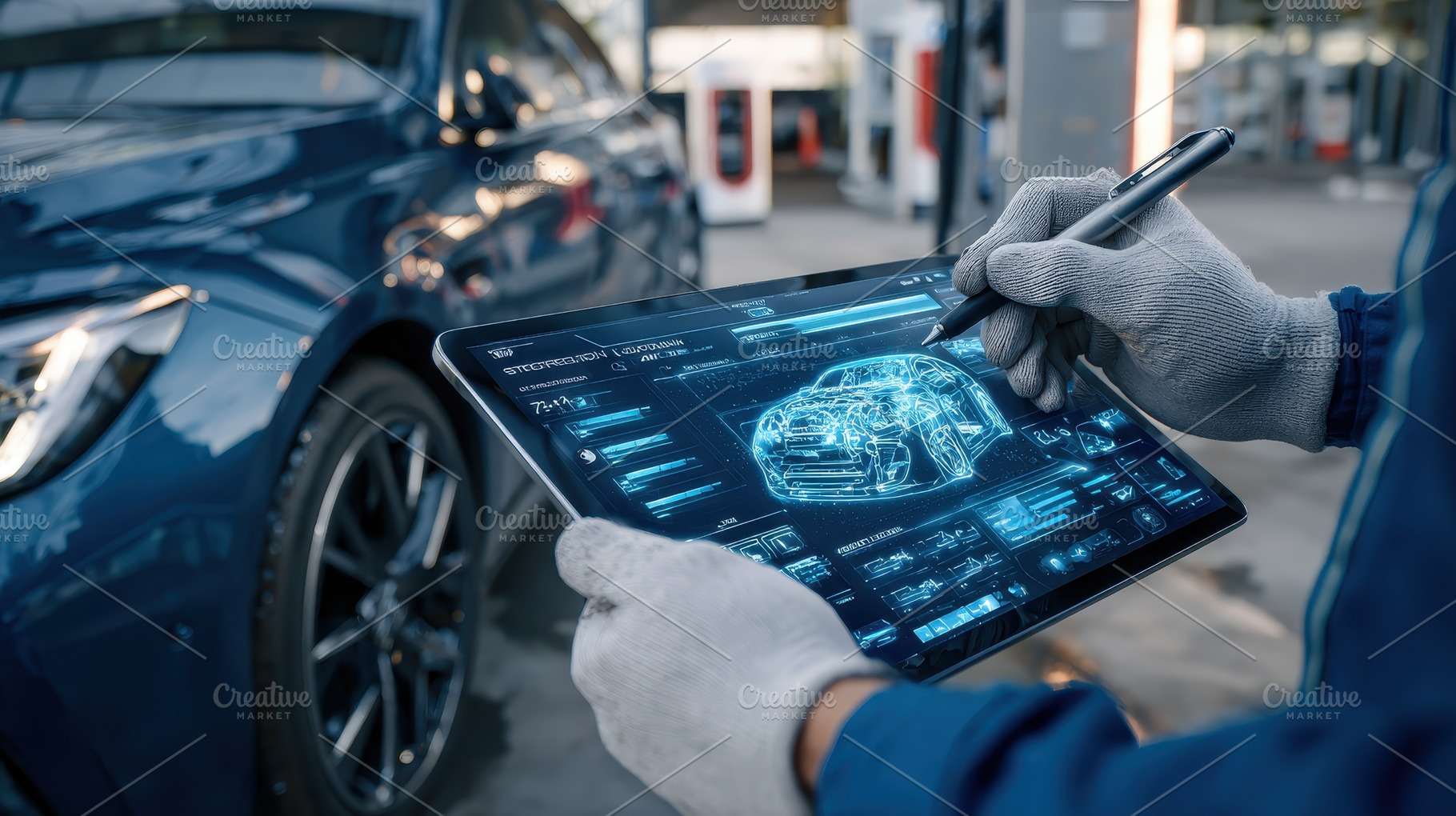 Mechanic using digital tablet for ca, a Photo by Pixeness Studio