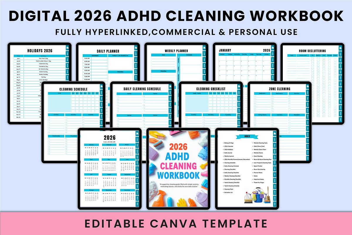 Digital 2026 ADHD Cleaning Workbook, a Stationery Template by Shumaya (Photo 1 of 4)