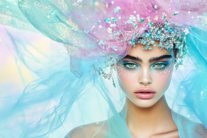 A woman with glittering makeup and a jeweled headpiece poses in a desert, blend, a Person Photo by Mashimara