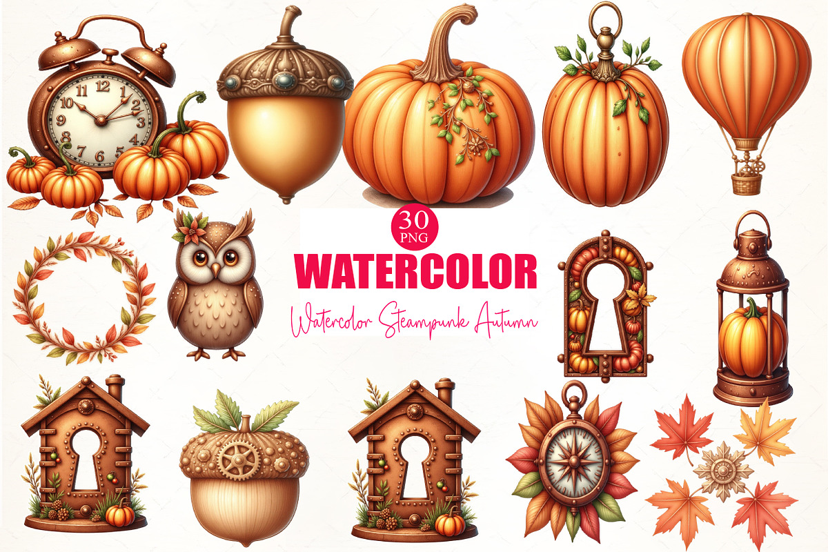Watercolor Steampunk Autumn Clipart, an Illustration by CrexoraLab (Photo 5 of 5)