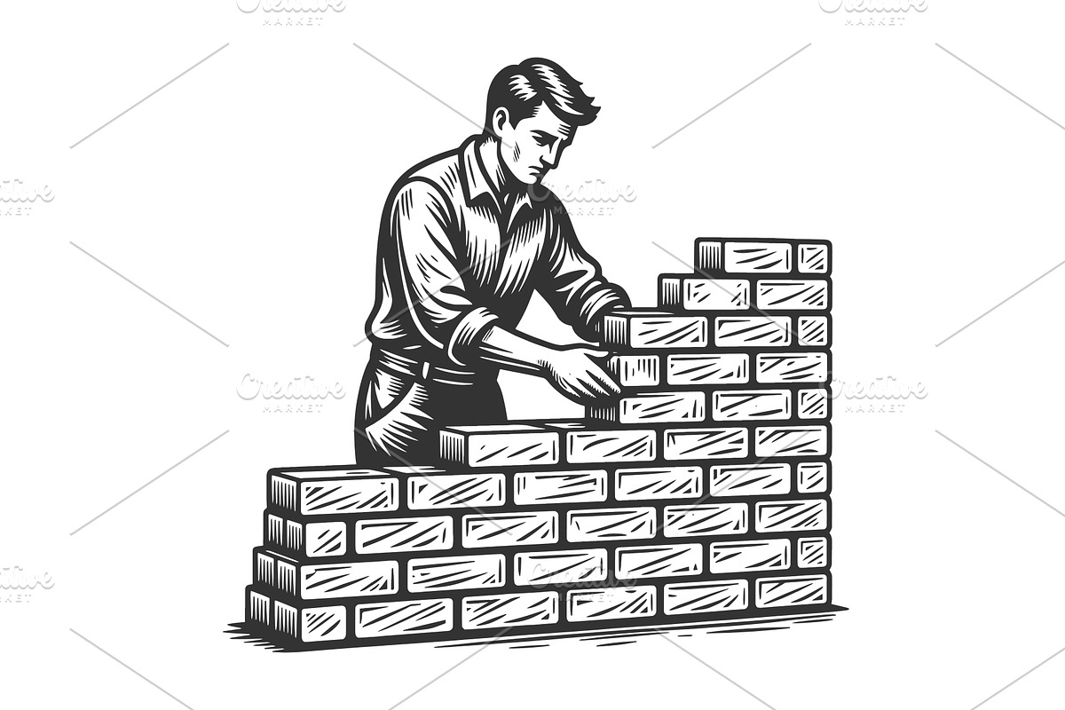 Man Building Brick Wall Construction, a Person Illustration by AlexArt