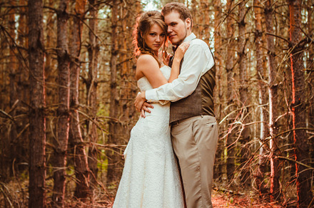 Bride and groom in the forest of fir containing beautiful, couple, and female