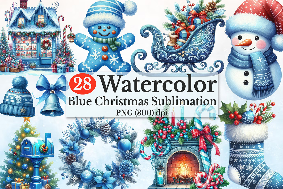Watercolor Blue Christmas Clipart PN, a Seasonal Illustration by Rose Art (Photo 1 of 3)
