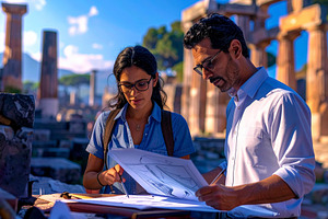 Architects inspecting historical ruins with restoration plans sh, an Industrial Photo by DanFLCreativo
