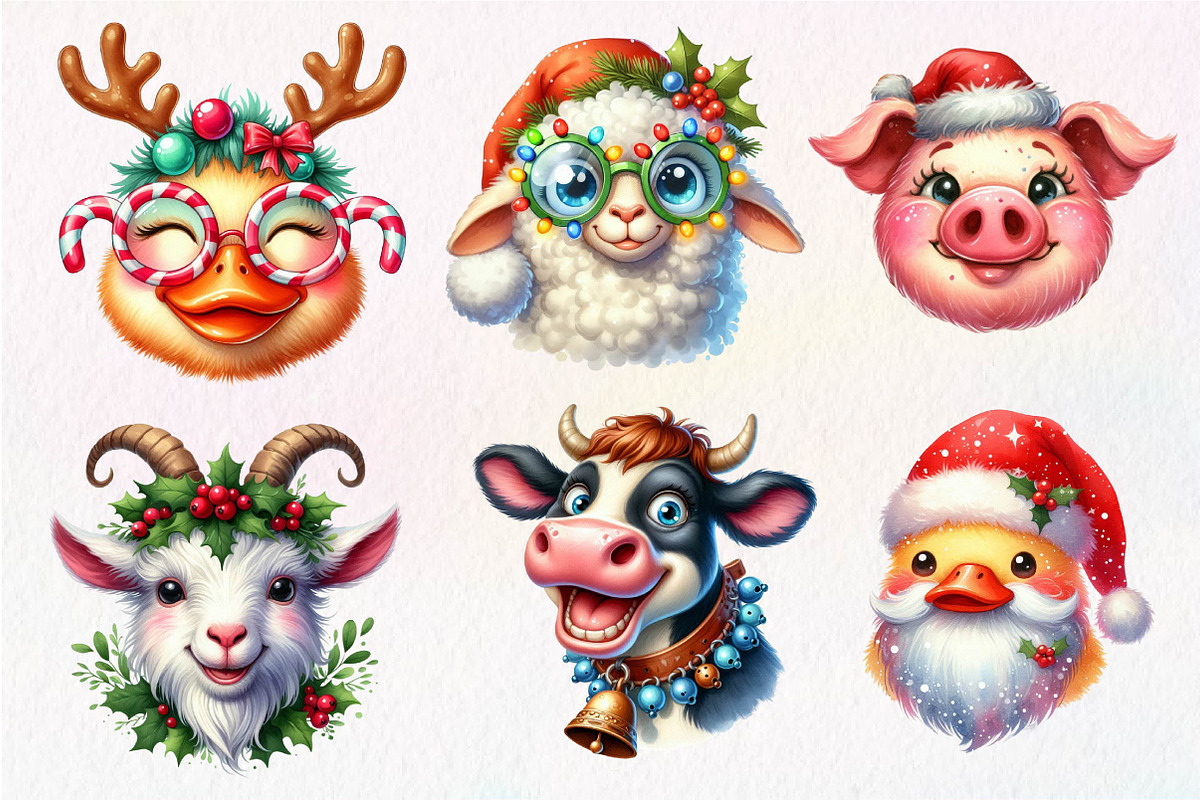 Christmas Farm Animal Face Clipart, an Illustration by Dream Creation (Photo 4 of 7)