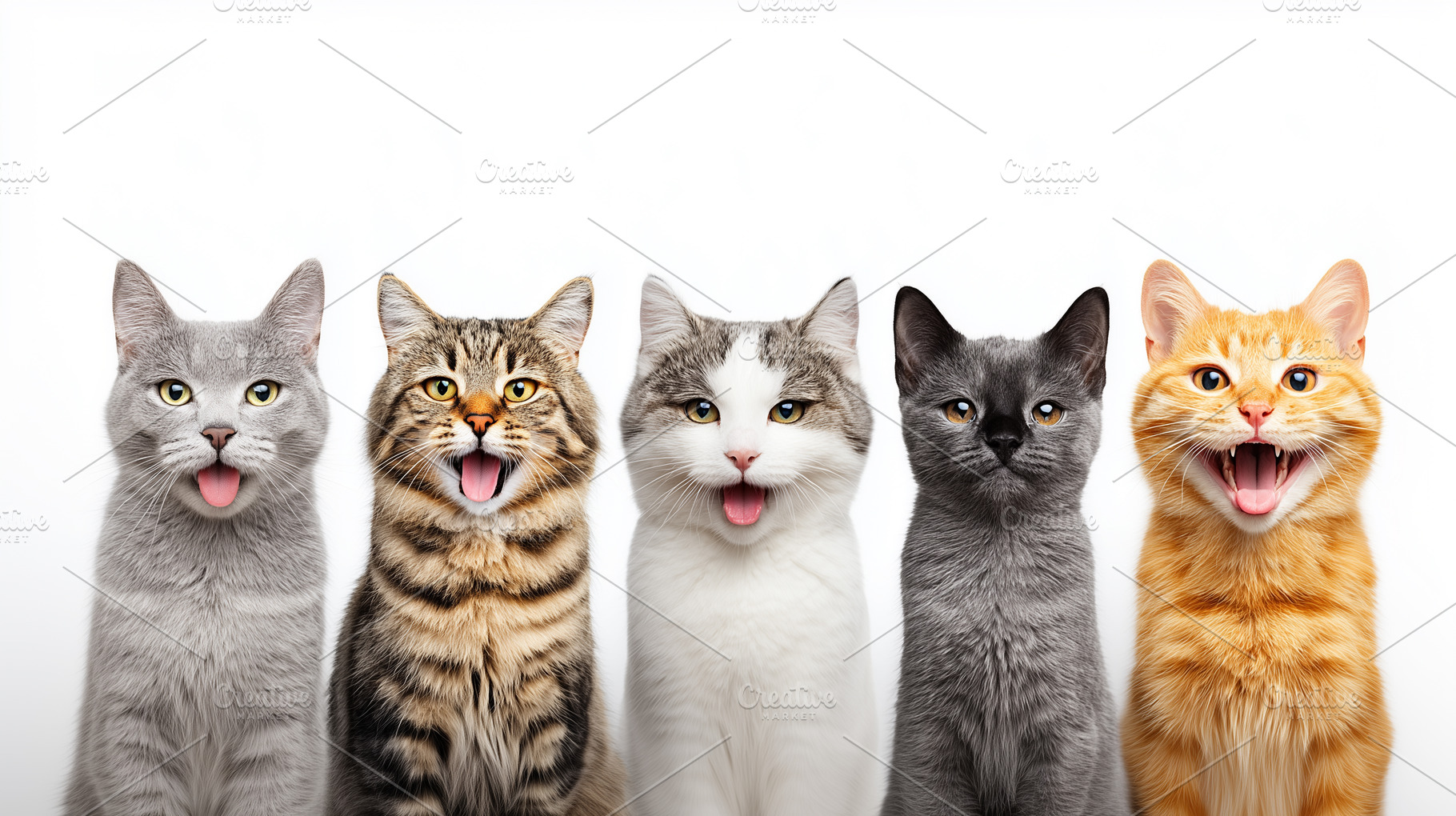 Group of five funny cats with open, an Animal Photo by MistyDay