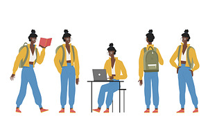 Afro Student Girl in Various Poses, an Education Illustration by Flashvector