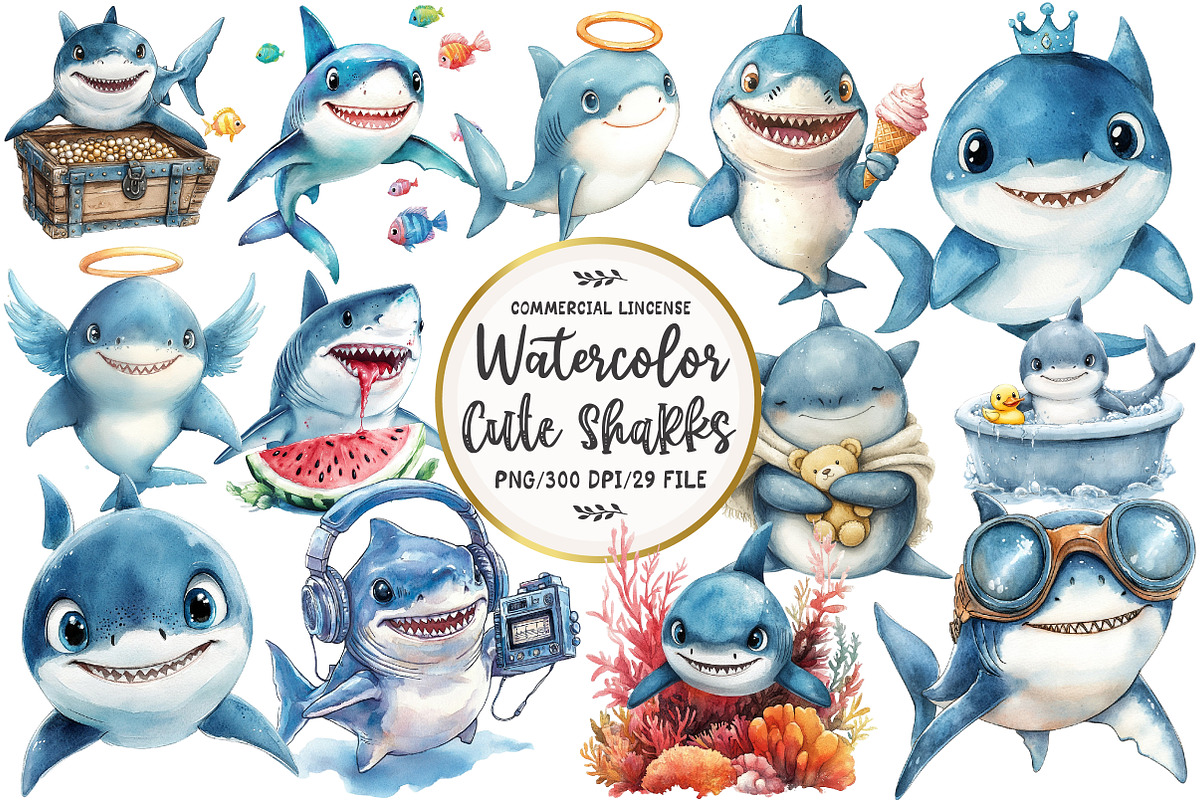 Watercolor Cute Sharks Clipart, an Illustration by OK Design (Photo 1 of 5)