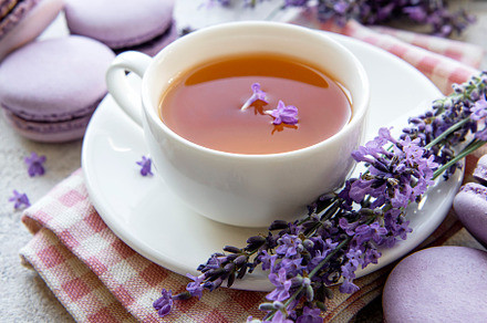 Cup of tea with macaroon dessert with lavender flavor, a Food & Drink Photo by Olena Rudo