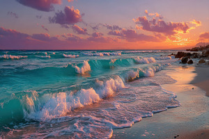 Sunset beach with soft waves, colorful clouds, and pastel reflec, a Holiday Photo by José Manuel Gelpi