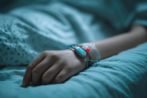 Patient hand with medical device in, a Photo by Pixeness Studio
