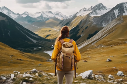 Hiking woman with backpack in mountains. Female hiker. Travel, a, a Person Photo by AS photostudio
