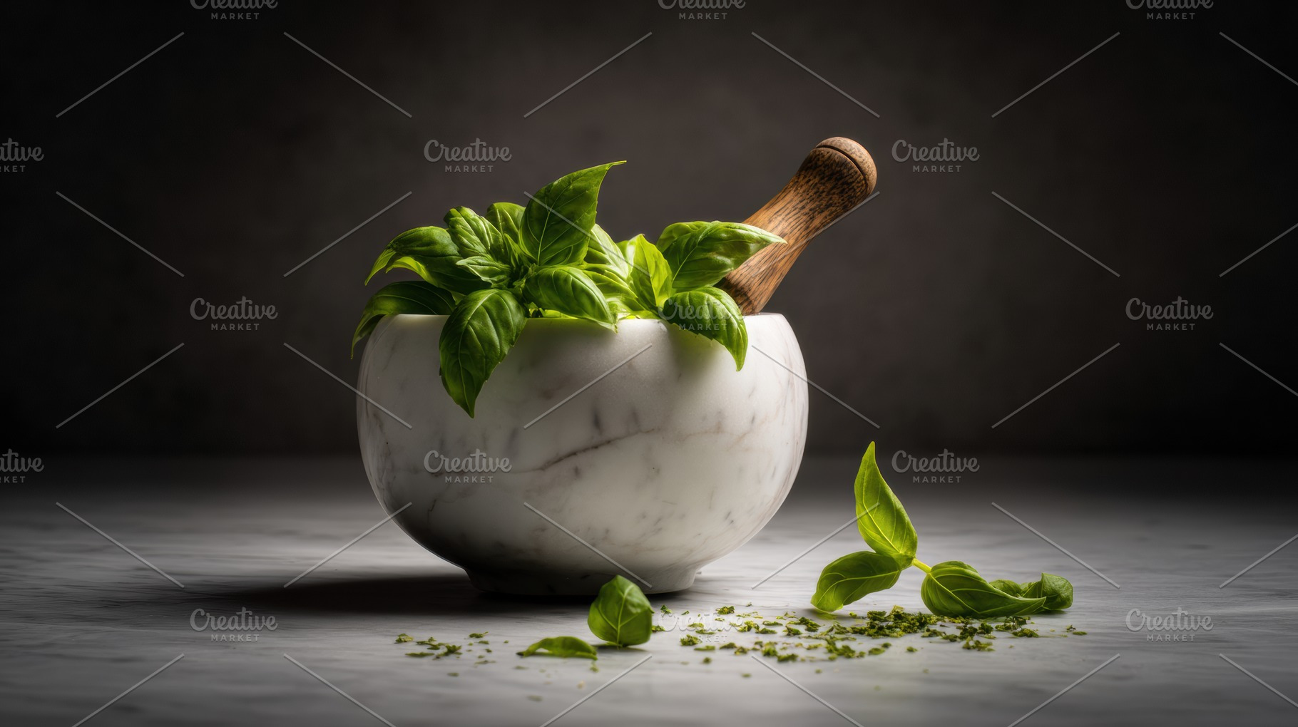Fresh basil leaves in marble mortar, a Food & Drink Photo by Virgo Studio