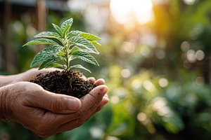 Hands holding a young plant sapling, a Photo by Pixeness Studio