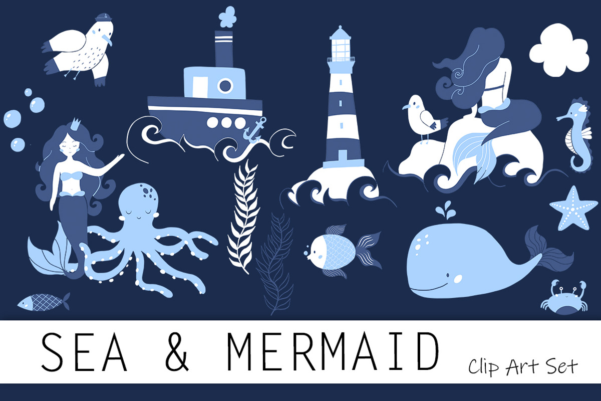 Sea & Mermaid Clip Art Set, an Illustration by Nagore Rodriguez Design (Photo 1 of 2)