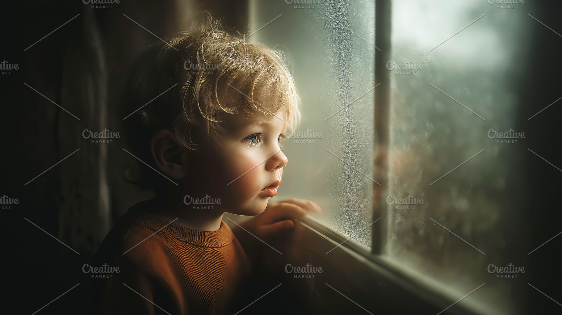 Child Gazing Out Rainy Window, a Person Photo by Ocean Digital Art