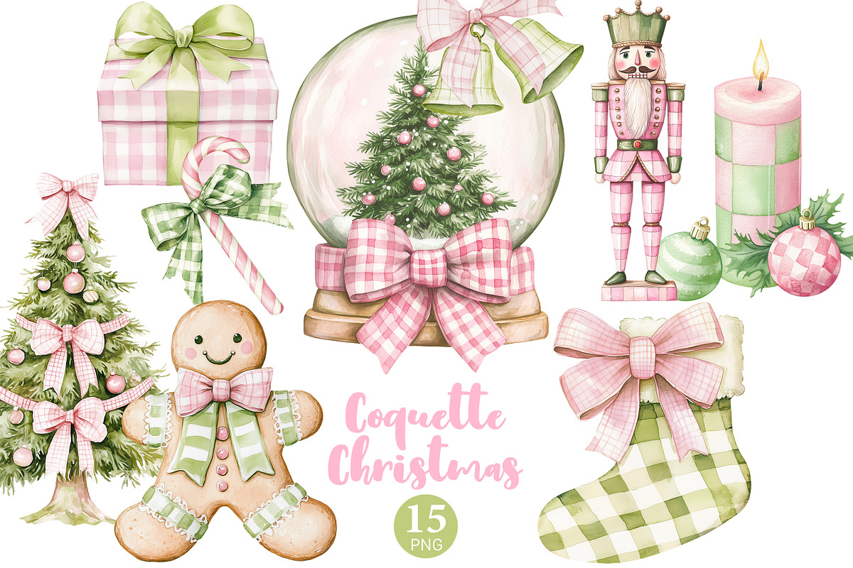 Coquette Christmas Clipart, a Seasonal Illustration by GlamArtZhanna (Photo 1 of 6)
