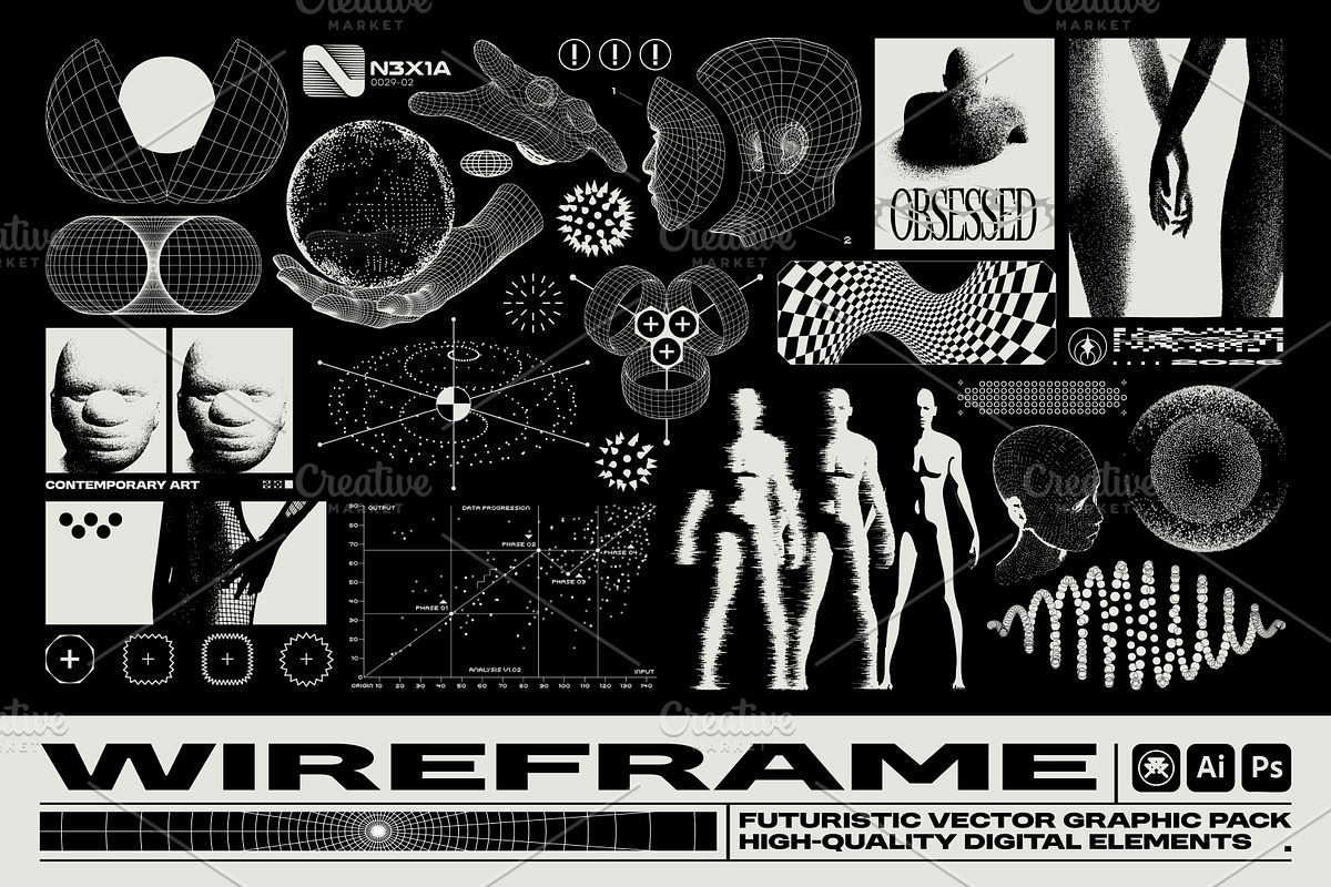 Retro Futuristic Wireframe Pack, an Object Graphic by BonkiStudio (Photo 1 of 9)