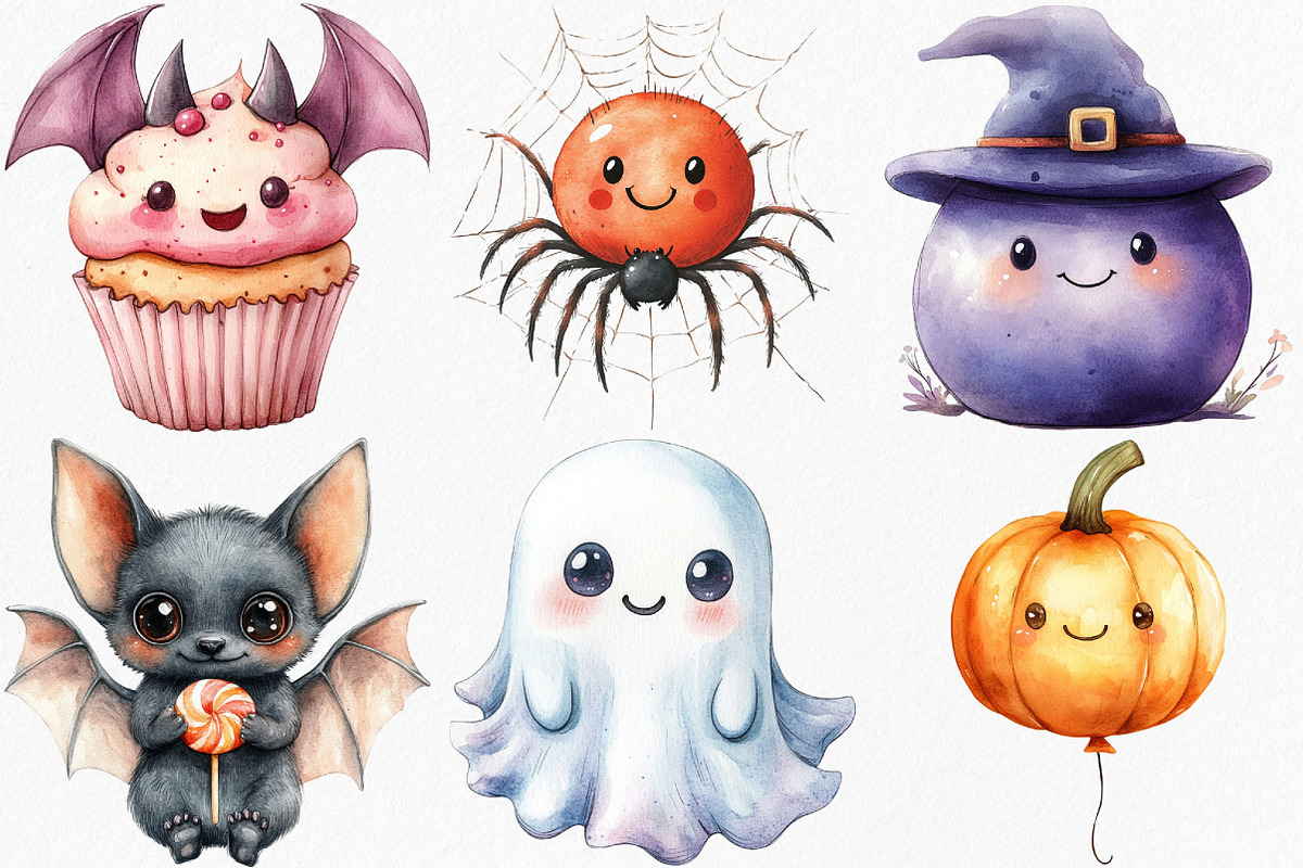 Watercolor Kawaii Spooky Clipart, an Illustration by Canvas Craft (Photo 3 of 7)
